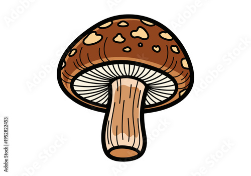 Cartoon brown mushroom with light spots and gills, isolated on white background