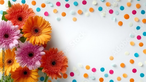 Vibrant gerbera daisies in orange, pink, and red hues sit beside colorful confetti dots. The flowers bloom brightly against a clean white background. Confetti forms a festive border