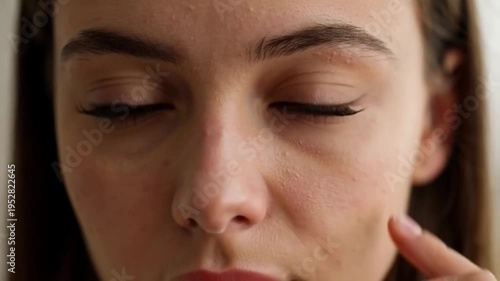 Close up woman touching under eye skin beauty skincare female face cosmetic care dark circle concept