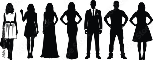 Black silhouette vector illustration of diverse group of men and women standing together in stylish fashion poses representing modern society.