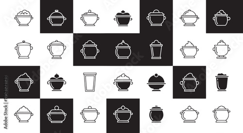 Collection of line depicting various pots and containers with food line food cooking serving