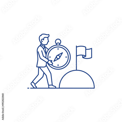 Businessman holding a compass near a flag on a hill.