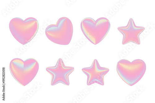 A collection of holographic iridescent heart and star shapes with a smooth glossy 3d appearance Vector