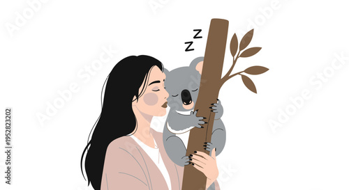Woman Hugging Sleeping Koala on Tree Branch, Australian Wildlife Love