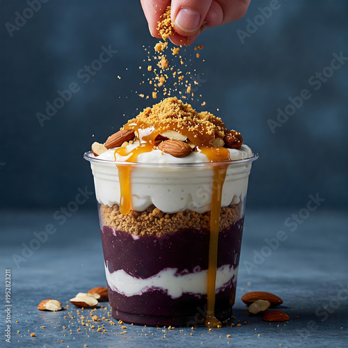 Hand sprinkles crumble over a layered acai parfait with yogurt, almonds, and dripping caramel in a clear cup against a dark blue background. Generative AI