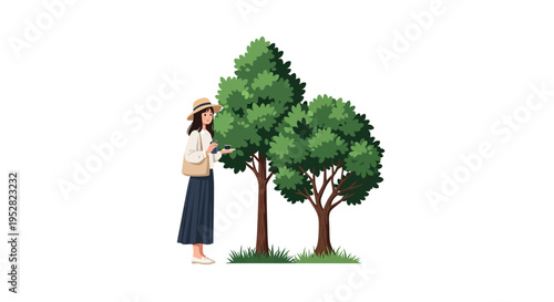 Woman in Straw Hat and Skirt Smelling Trees in Green Nature