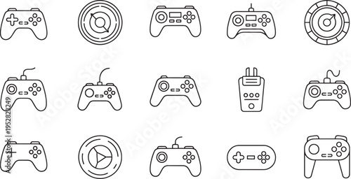 Collection of line game controllers and circular gamepad joystick gaming