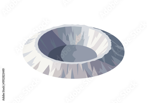 Stylized illustration of a volcanic crater with sharp, angular rock formations and a smooth inner basin