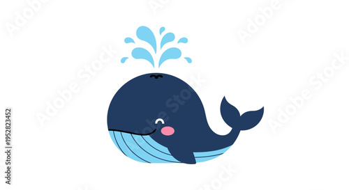 Cute Cartoon Whale Spouting Water, Isolated on White Background, Vector Illustration
