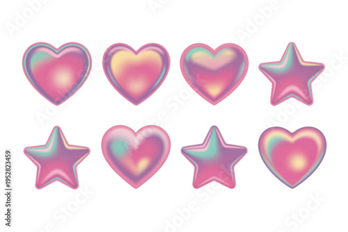 A collection of holographic heart and star shapes featuring a soft iridescent metallic finish Vector