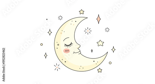 Cute crescent moon with closed eyes and stars, cartoon style