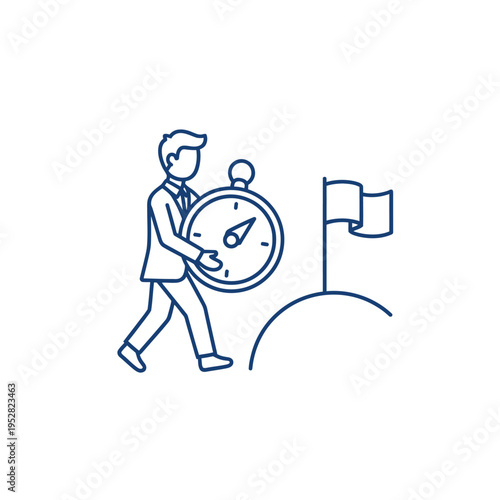 Businessman holding stopwatch approaching goal flag on hill.