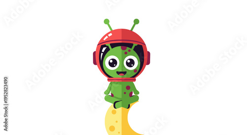 Cute green alien astronaut sitting on a crescent moon, space travel concept