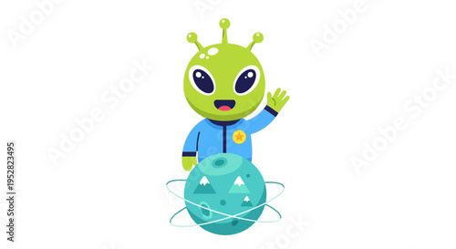 Cute Green Alien Waving Hello Next to Planet Earth, Space Exploration