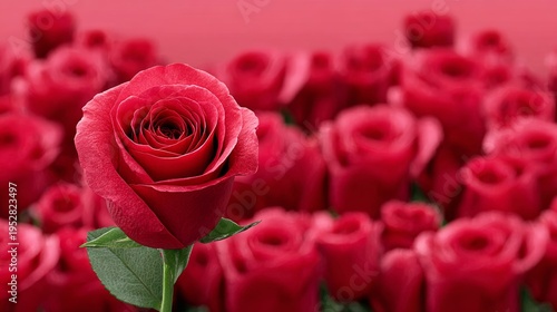 Single red rose stands out among blurred red blooms. Soft focus highlights the main flower's delicate petals. Green leaves add contrast against vibrant red tones. Image evokes romance, love