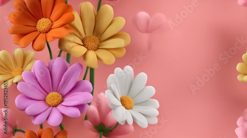 Vibrant paper flowers bloom against soft pink background. Colorful daisies in orange, yellow, pink, and white tones. Delicate petals and green stems add charm. Perfect for spring, wedding