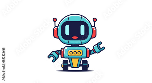 Cute robot waving hand, futuristic character, friendly AI, technology concept