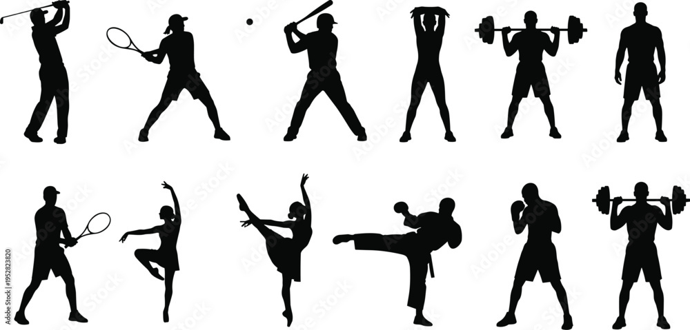 Fototapeta premium Diverse collection of black silhouettes featuring athletes and performers in sports like golf, tennis, baseball, ballet, martial arts, and weightlifting.