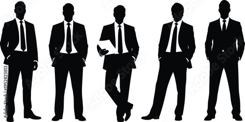 Business silhouettes of professional men in suits standing confidently, teamwork concept, leadership illustration, corporate office staff collaboration vector design.