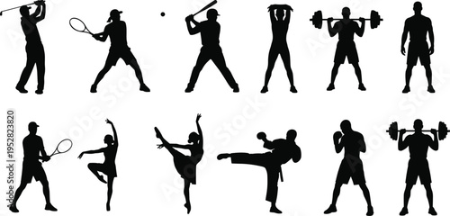 Diverse collection of black silhouettes featuring athletes and performers in sports like golf, tennis, baseball, ballet, martial arts, and weightlifting.