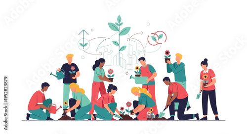 Diverse people planting and watering plants, community gardening, growth concept