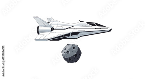 Futuristic Spaceship Flying Over Asteroid - Sci-Fi Spacecraft Exploration