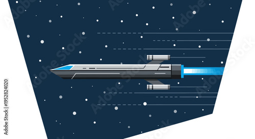 Futuristic spaceship flying through starry night sky, blue exhaust trail