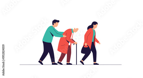 Generational support: young man helps elderly person walk with woman beside