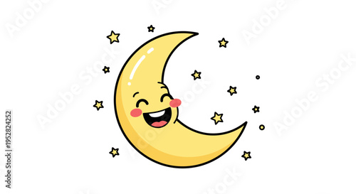 Happy Crescent Moon Character with Stars, Cute Cartoon Celestial Body
