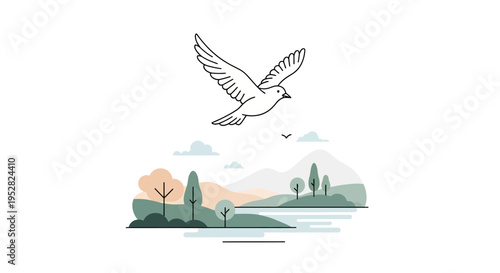Peaceful Dove Flying Over Serene Landscape Illustration