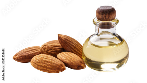 Konstfotografi Isolated almond oil in a small glass bottle with wooden cork next to whole almon