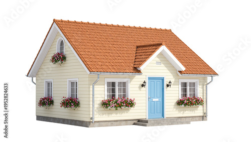 Foto Isolated charming small house with light yellow siding, terracotta roof, and bright blue front door