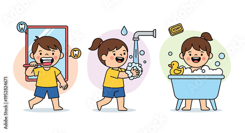 Children practicing good hygiene habits daily routine.