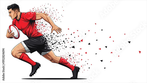 Dynamic Rugby Player Vector – Male Athlete Running with Ball in Pixelated Fragmented Style