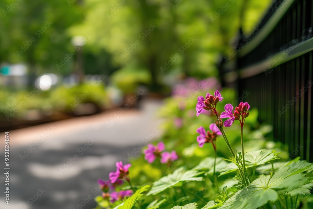 Obraz premium Pink geranium flowers blooming vibrant green foliage along a black metal railing in a public park garden on a sunny day