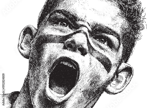 A close-up, stylized vector illustration of a fan with a painted face, cheering with football excitement.