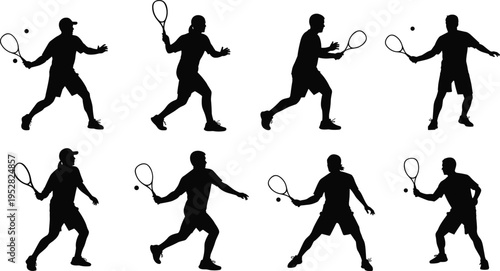 Dynamic silhouettes of tennis players in action poses with rackets and balls, symbolizing sport, competition, energy, athleticism, training, and teamwork.