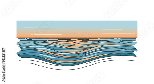 Stylized Ocean Waves at Sunset with Horizon and Sky