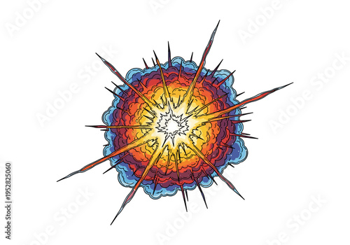 Explosive burst of colorful energy and light radiating outwards with sharp spikes