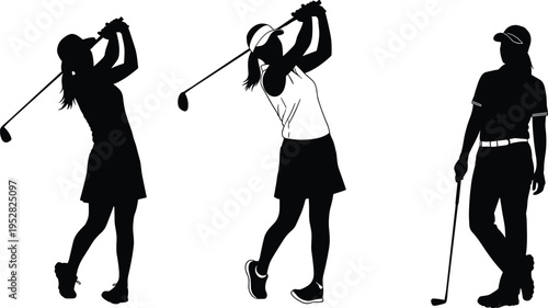 Golf silhouettes of athletes swinging clubs and standing casually, showcasing sports activity, dynamic movement, athletic performance, leisure recreation, and competitive training illustration