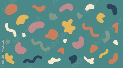 Abstract colorful organic shapes pattern on teal background.