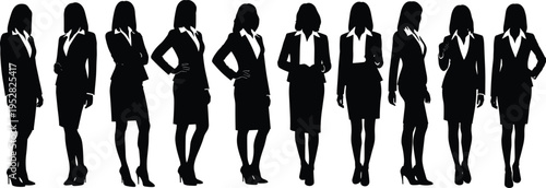 Group of professional business women silhouettes standing in various confident poses isolated on white background for corporate leadership team concept.