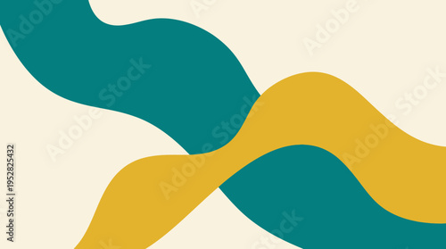 Minimal abstract design with flowing teal and mustard wavy shapes on cream background.