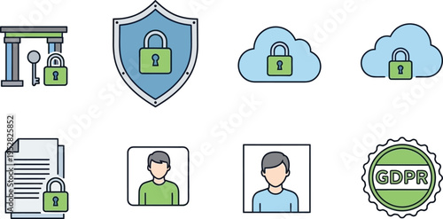 Data protection icons with locks clouds and gdpr compliance symbols for secure online environment