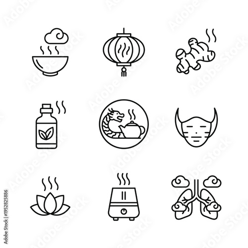 Collection of Icons Representing Traditional Chinese Medicine and Wellness.