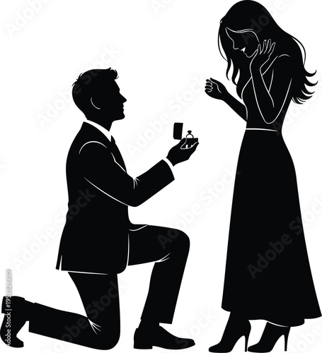 Romantic black silhouette vector illustration of man proposing marriage with engagement ring to surprised woman, symbolizing love, commitment, and relationship.