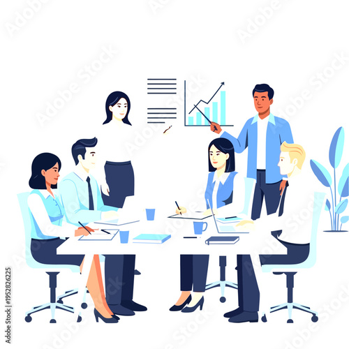 Professional business team meeting, analyzing growth data and discussing strategy. Diverse colleagues collaborate in office presentation.