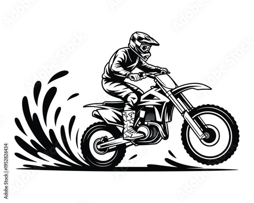 Dynamic illustration of a motocross rider performing a stunt while kicking up dirt and mud