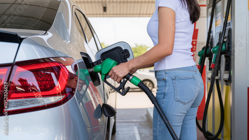 Tableau sur toile Woman refuels a car, The car is at a gas station, The driver holds the pump hand