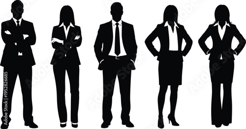 Silhouette illustration of business professionals standing in row, corporate teamwork concept, leadership, diversity, office attire, vector art design